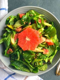 Lettuce, Pear and Grapefruit in a grey bowl
