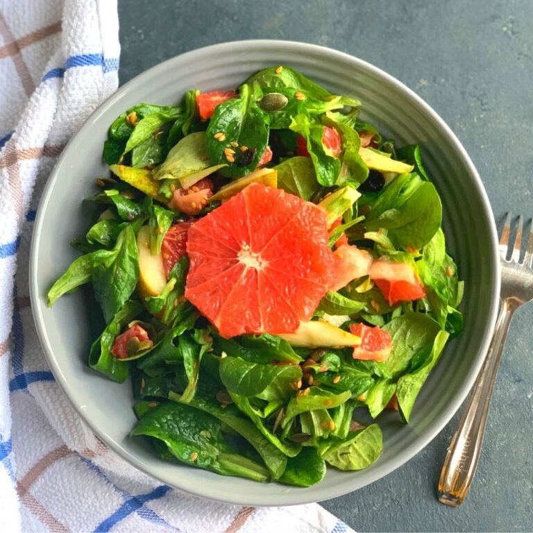Lettuce, Pear and Grapefruit in a grey bowl