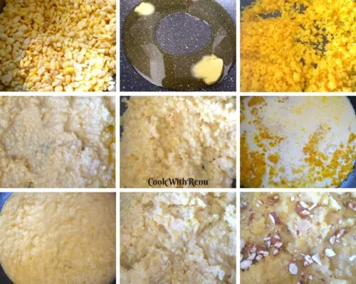 Step by step pics of making moong dal halwa using milkmaid