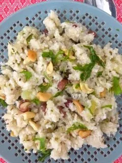 Samak rice khichdi served on a grey plate