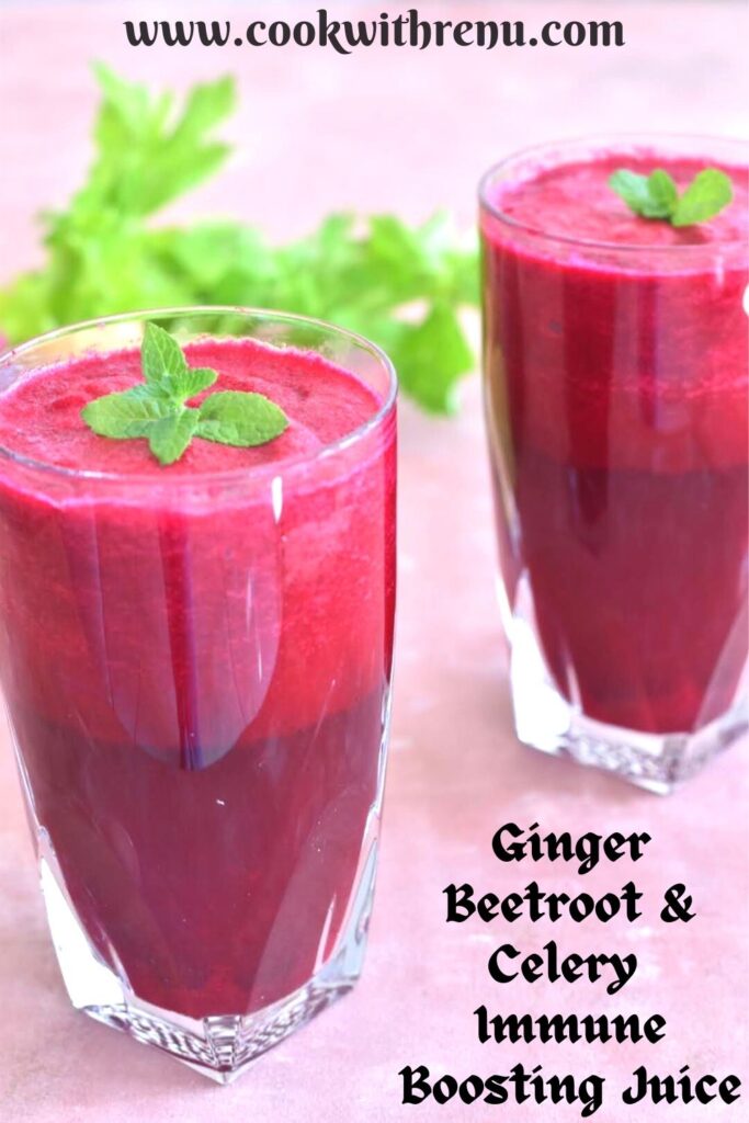 Ginger, Beetroot & Celery Juice served in 2 glasses with a garnish of mint. Seen in the background is some celery leaves