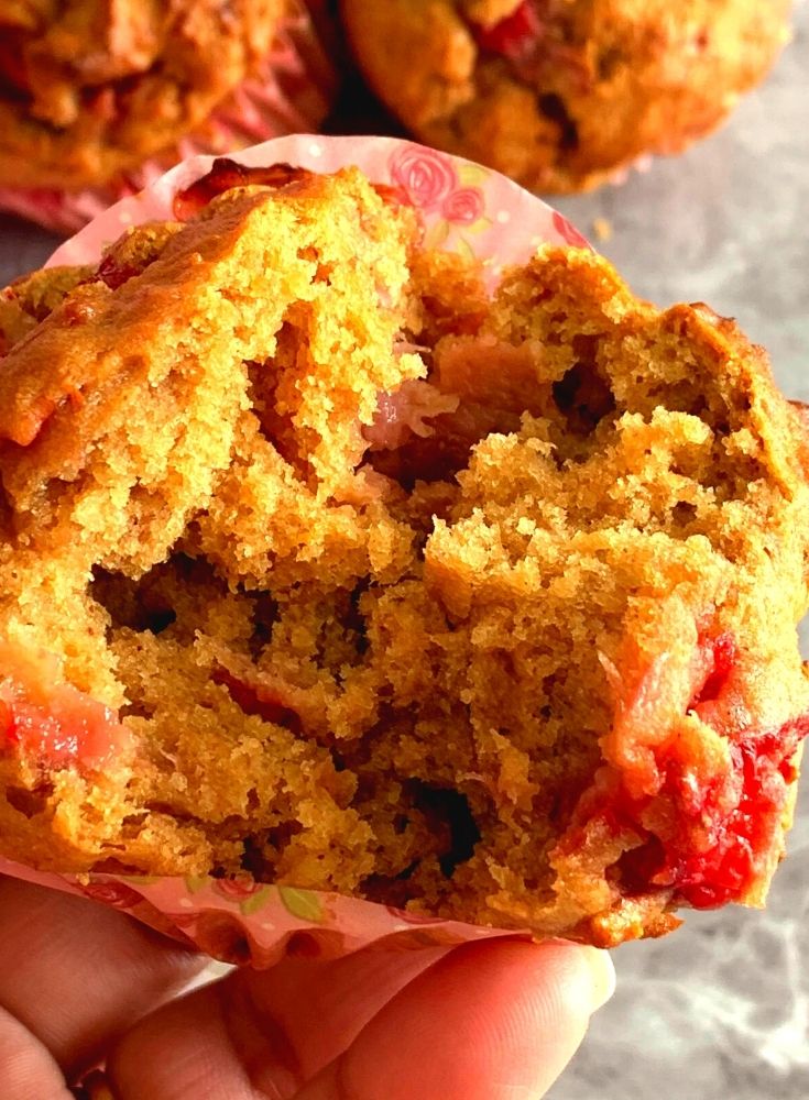 Close up look of texture of inside of eggless strawberry muffins