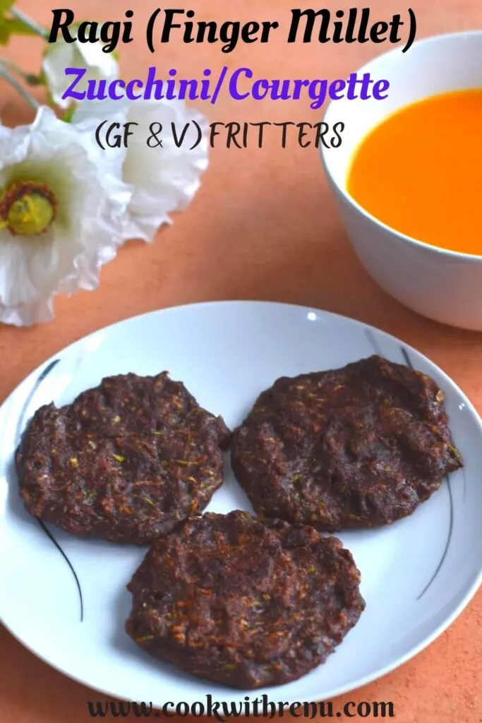 3 Ragi Zucchini Fritters served in a plate along with a bowl of soup