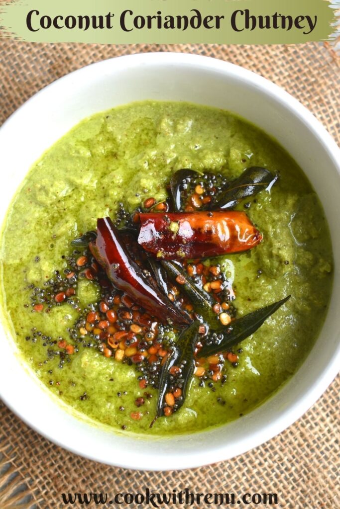 Close up look of Coconut Coriander chutney served in a white bowl