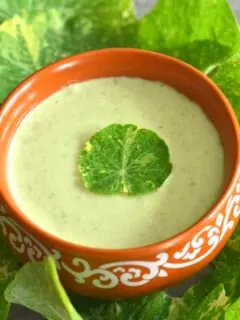 Nasturtium Leaves & Stems Raita served in a brown bowl with some leaves scattered around