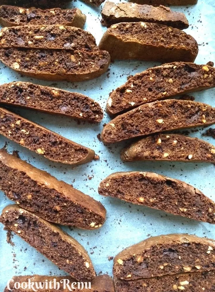 Chocolate Hazelnut Biscotti arranged on a baking tray