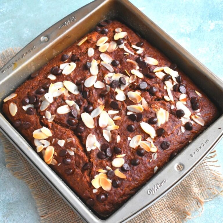 Baked Gluten-Free & Vegan Ragi Banana Cake seen in a square tin