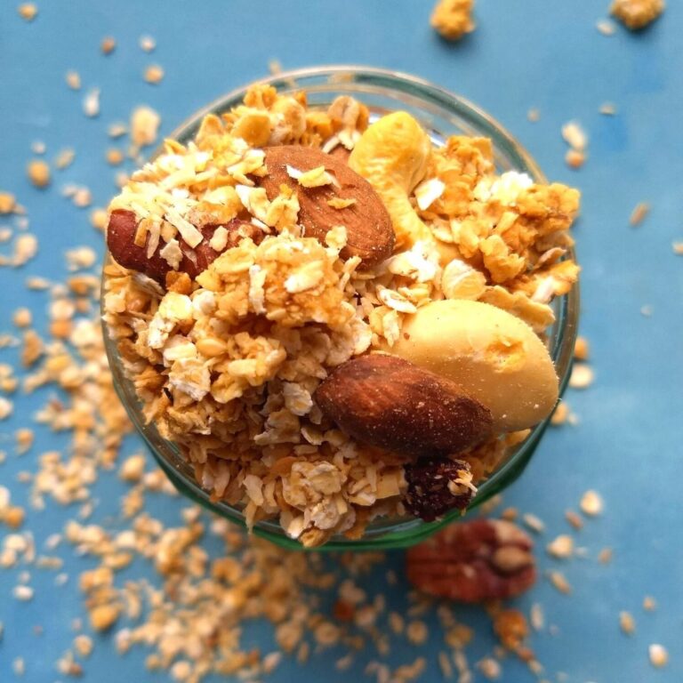 Top view of granola in a glass jar