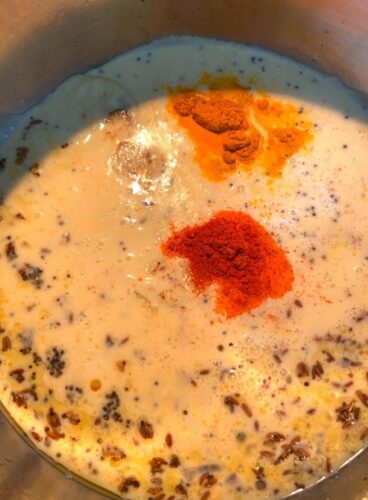 Adding of turmeric and red chilly powder
