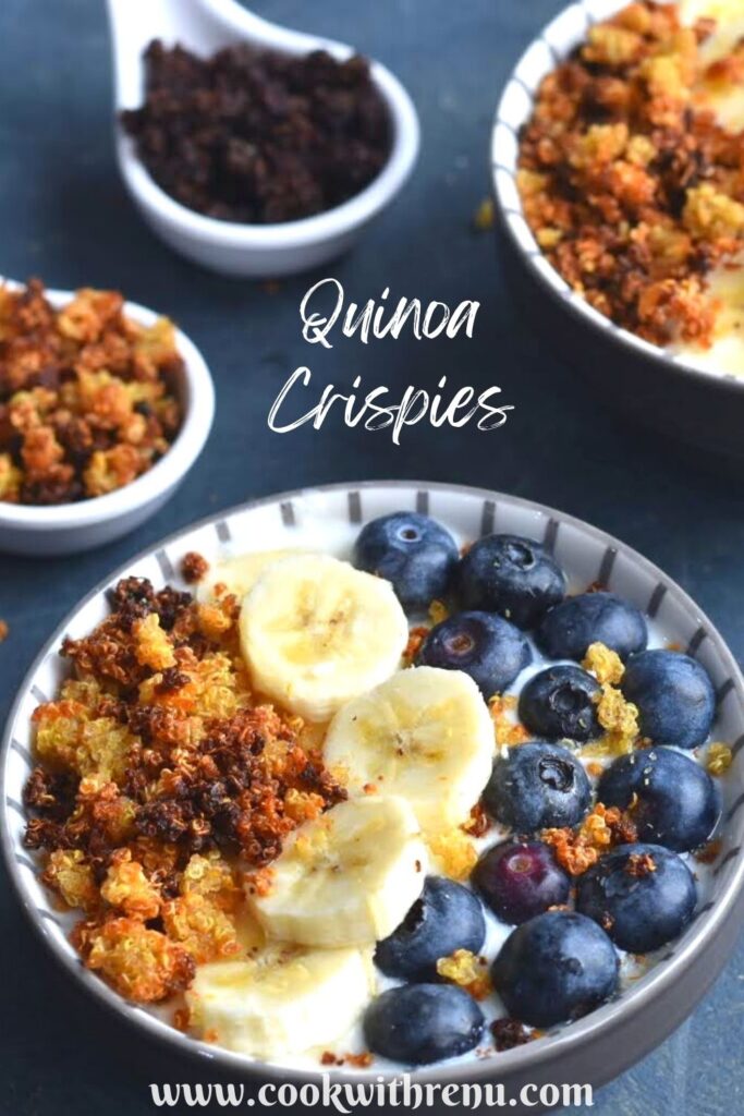 Close up look of Quinoa crispies served in yogurt bowl along with banana and blueberries