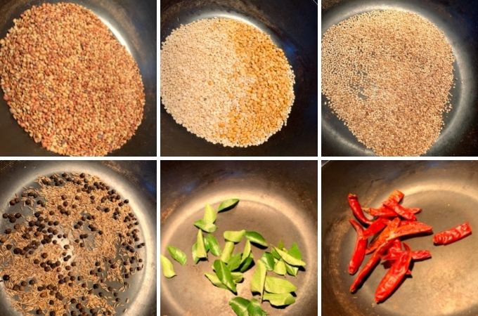 Roasting of Kollu Podi Ingredients one by one