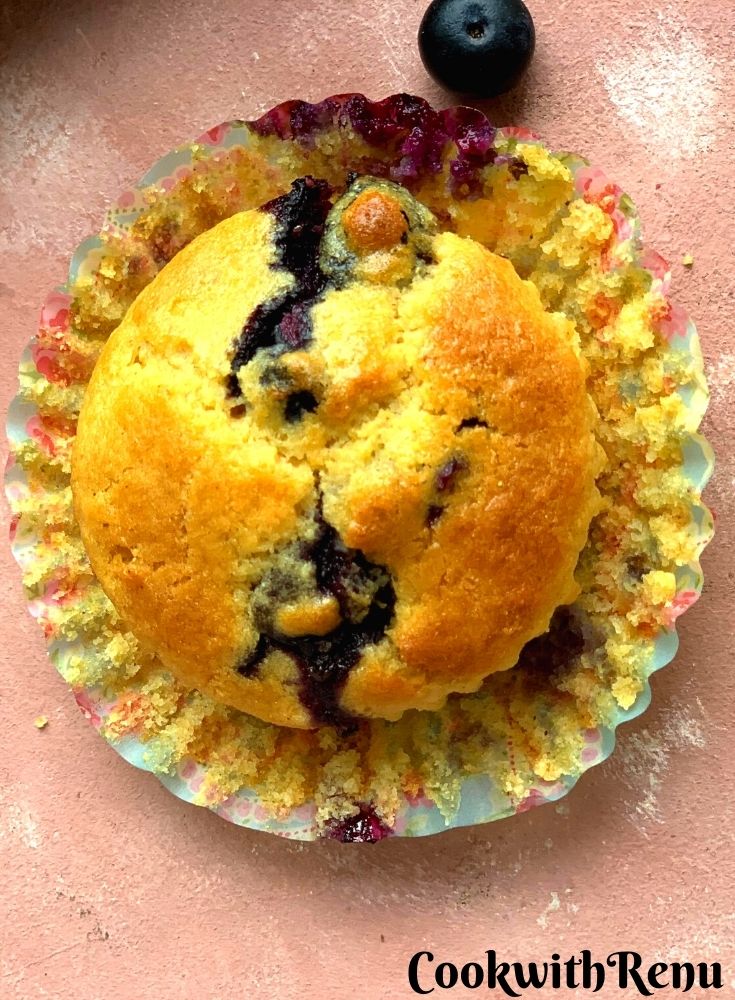 Close up look of Whole Wheat Blueberry muffins with cornmeal.  