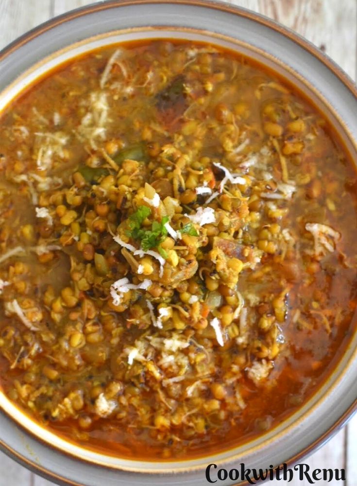 Top view of Mugachi Usal or Sprouted moong curry served in a bowl