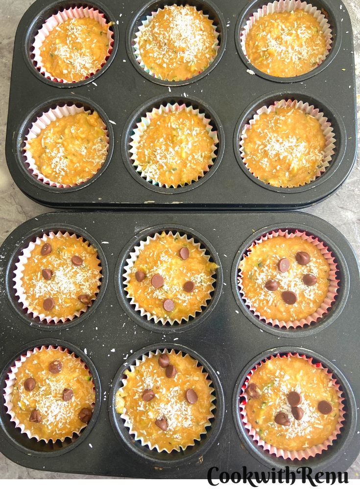 Courgette Coconut Muffins ready to be baked with toppings