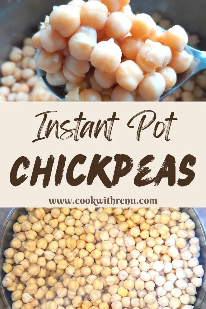 A picture showing soaked chickpeas in Instant pot at the bottom and on the top a close up view of cooked chickpeas.