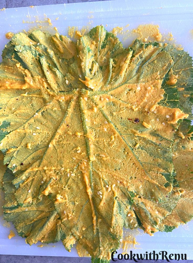 Second squash leaf kept upside down and batter applied.