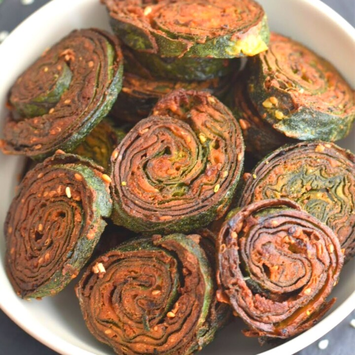 Butternut Squash leaves patra served in a cream bowl