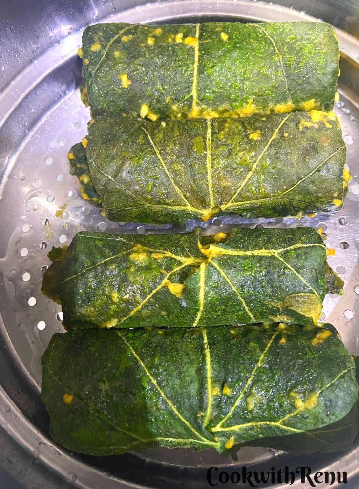 Steamed Patra Rolls or logs in a steamer.