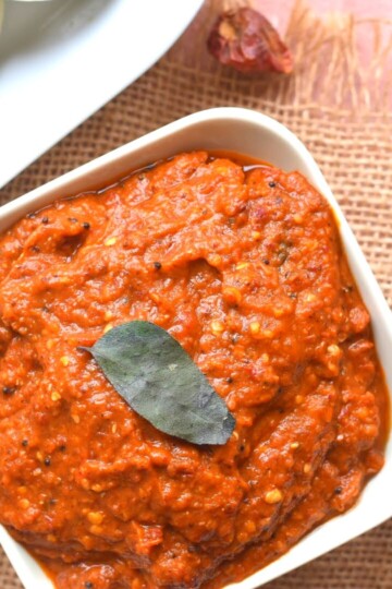 Close up look of Spicy Red chili chutney served in a bowl