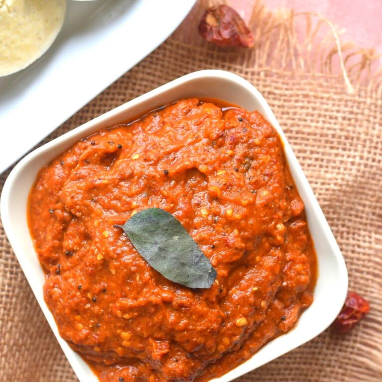 Close up look of Spicy Red chili chutney served in a bowl