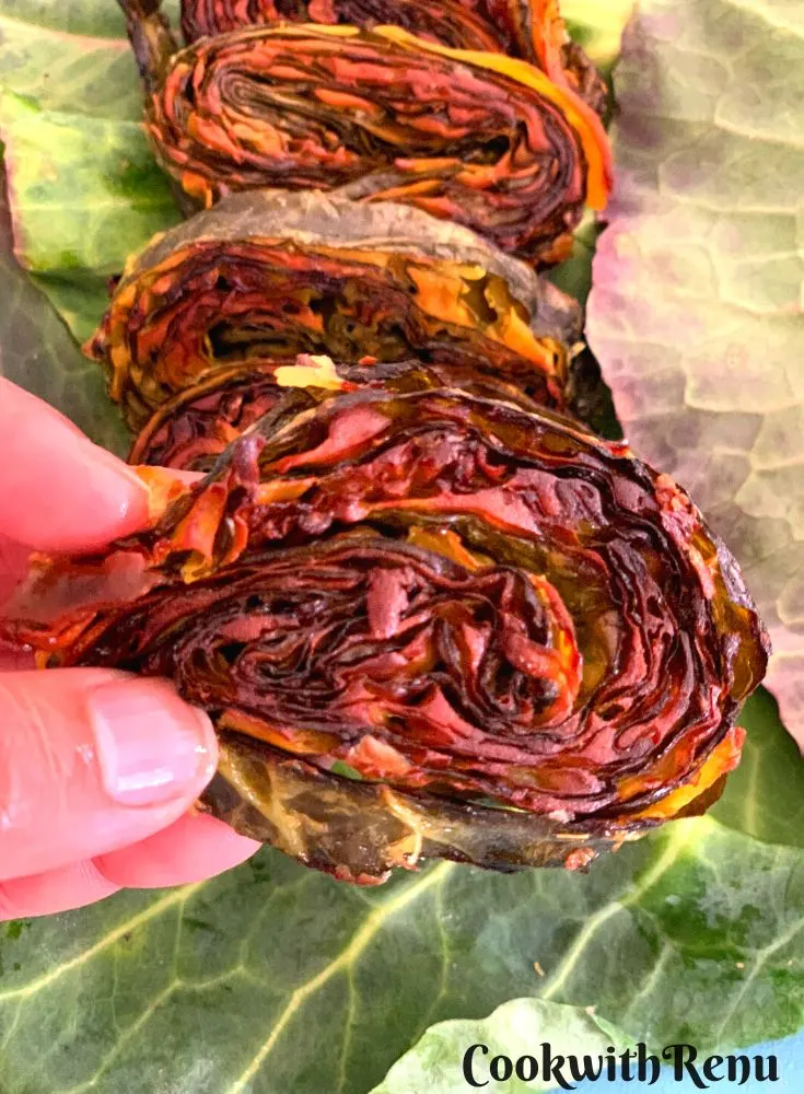 Close up look of York Cabbage Vadi seen in a hand.