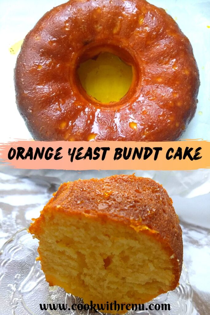 Orange yeast Bundt cake full picture above and below a slice of cake.