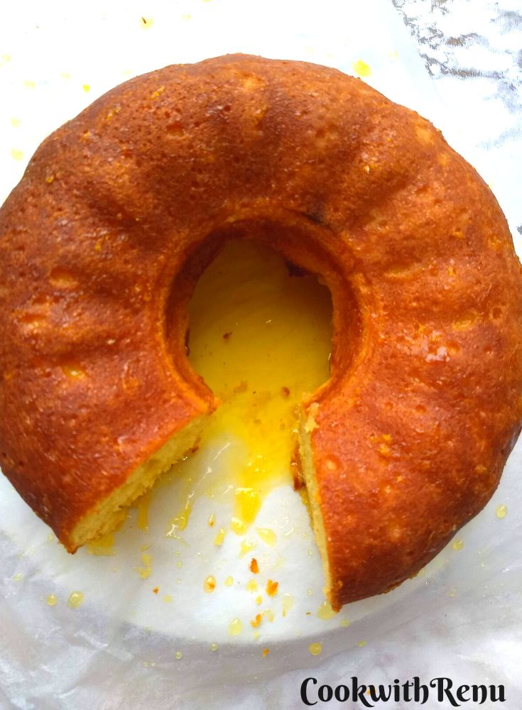 Top view of Orange yeast Bundt cake with glazed orange syrup.