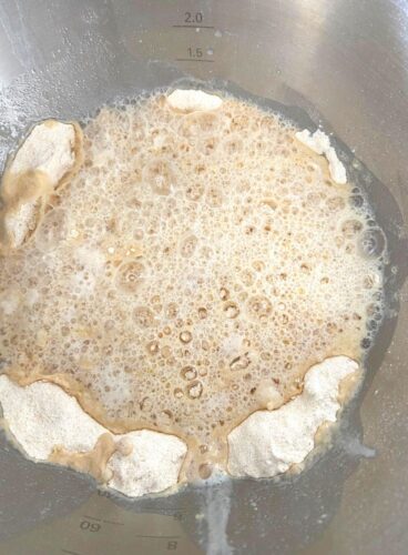 Yeast mixture added to flour