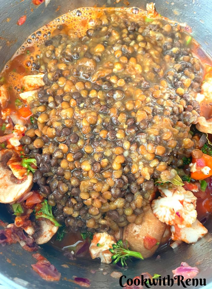 Adding of brown lentils for Curry for Vegetarian Shepherds Pie.