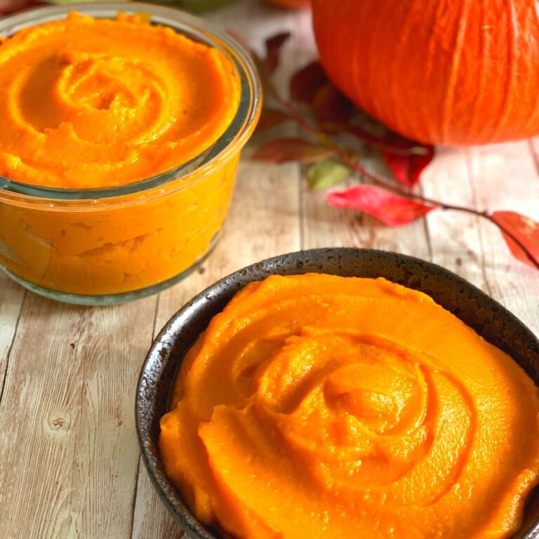 Pumpkin puree in a dark brown bowl and a glass bowl, with some pumpkin seen in background and some autumn leaves.