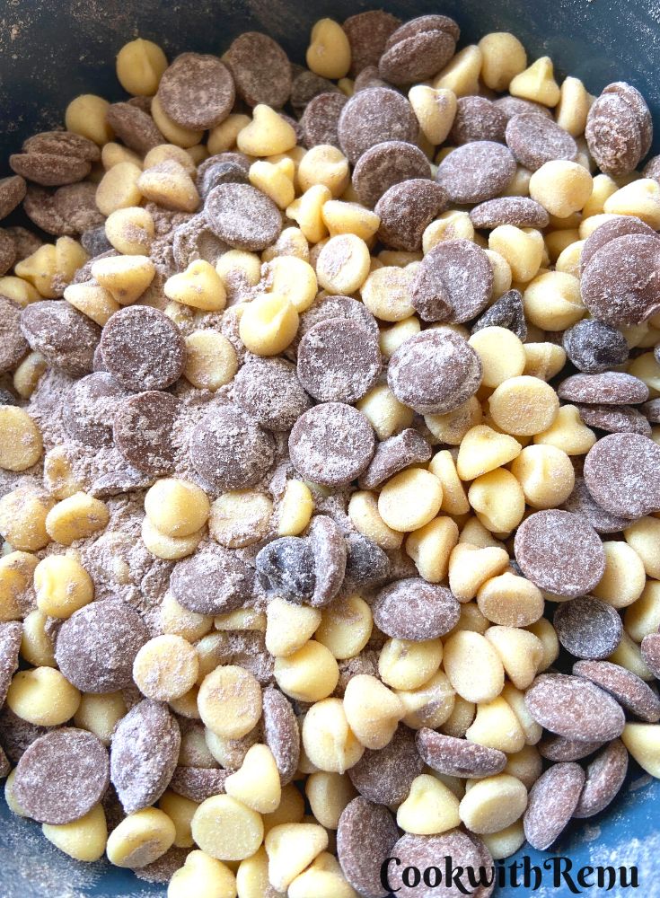 Flour added to chocolate chips.