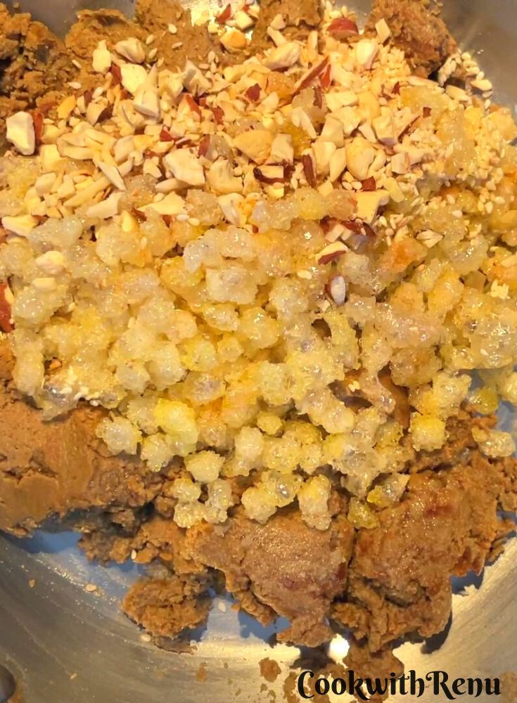 Gond, Nuts, Sesame seeds added to mixture.