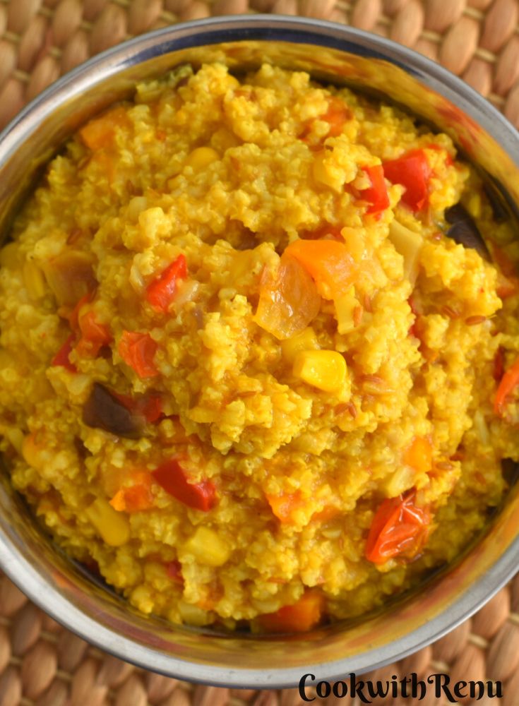Proso Millet upma top and close up view served in a bowl.