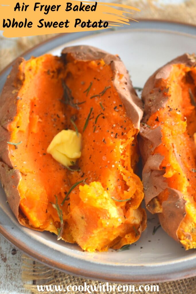 Air Fryer Baked Sweet Potato served with a dollop of butter and rosemary, black pepper powder and salt sprinkled on it.