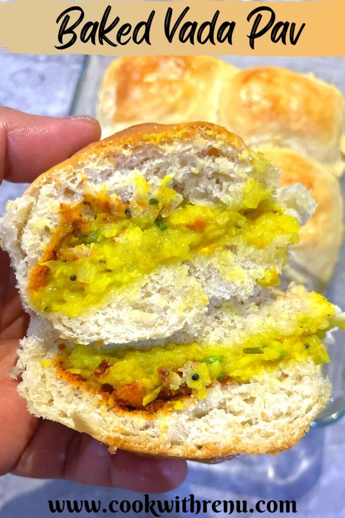Close up look of Vegan Baked Vada Pav cut into half and the inside filling and texture seen.