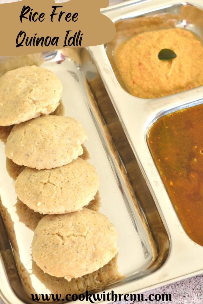 4 Quinoa Idli served in a steel divider plate along with chutney and rasam.