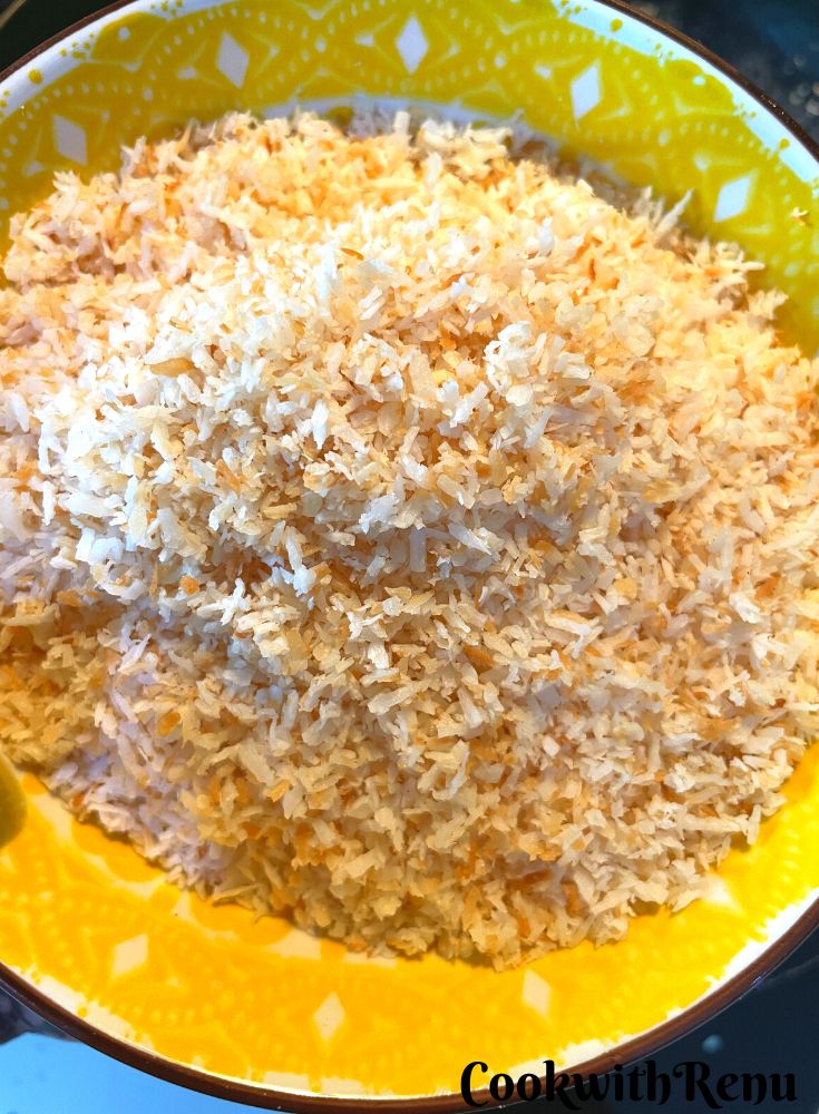 Roasted coconut in a bowl.