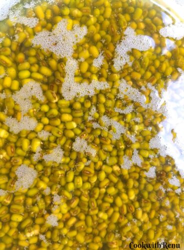 Soaked Mung Beans with discolored water.