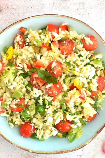 Top view of Vegetable Orzo Pasta Salad served in a blue bowl with golden lining. Seen in the background are some tomatoes and dried tulip flowers.