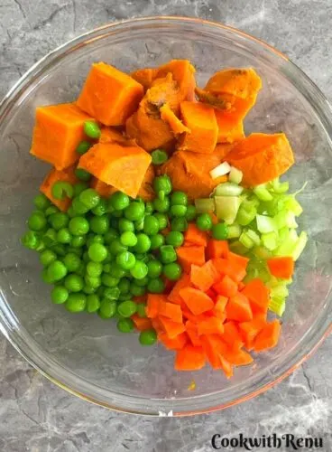 Veggies for Salad in a transparent bowl.