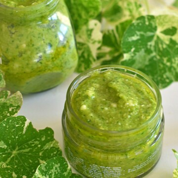 Close up view of Nasturtium pesto in a glass bottle with some nasturtium leaves and stalks.