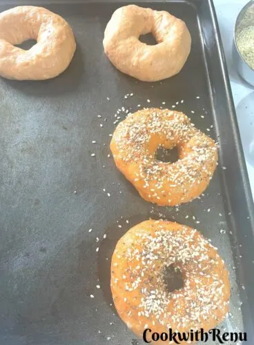 Bagels boiled and ready to be baked arranged in a tray.