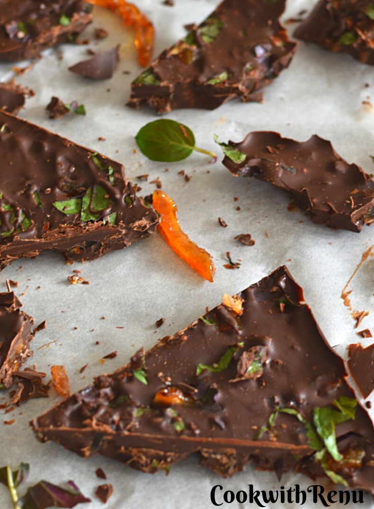Close up look of Fresh Mint Chocolate Lemon Bark on a parchment paper.