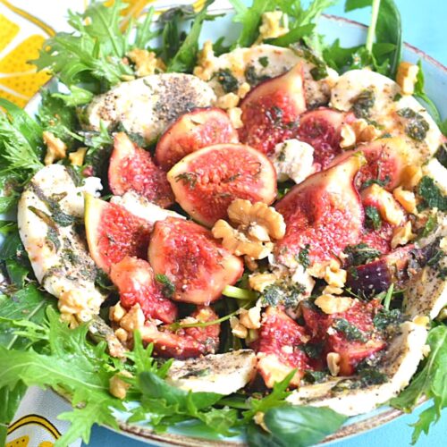 Marinated Fig and Mozzarella Salad served in a blue bowl.
