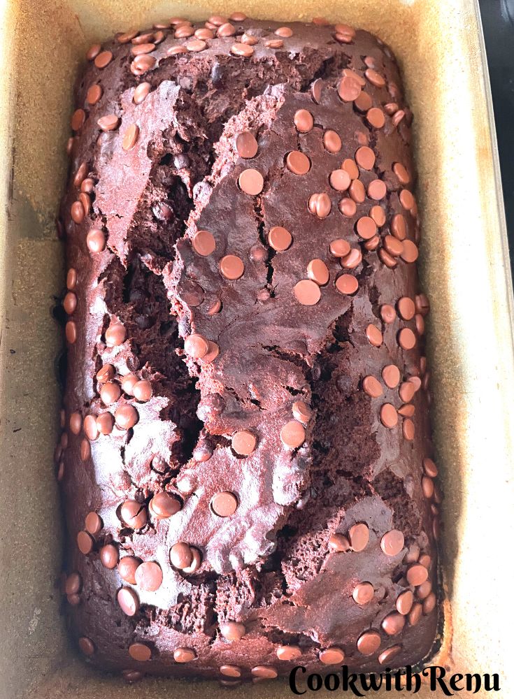Baked Whole Wheat Double Chocolate Banana Bread in a loaf tin.