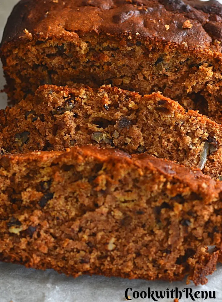 Close up look of Slices of Eggless Sugarless Butter less Dates & Walnut Cake.