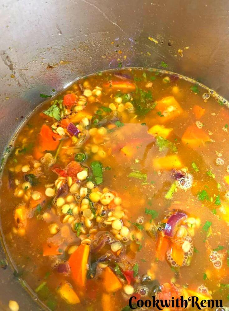 Water added and sambar ready to be cooked.