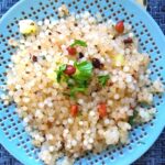 Perfectly cooked, fluffy, and non-sticky gluten-free Sabudana Khichdi in a blue designer plate.