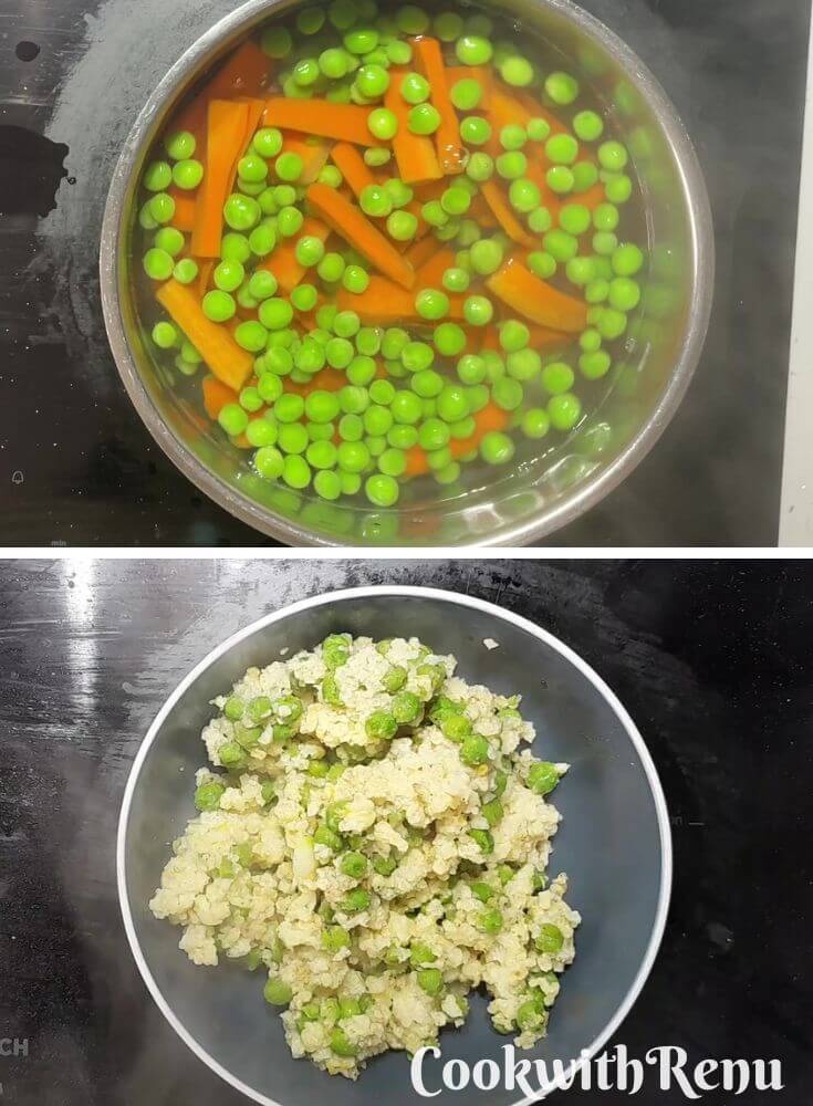Green peas, carrot cooked in a pot and cooked quinoa peas in a bowl.