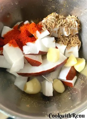Coconut, cumin seeds and red chili powder in a blender